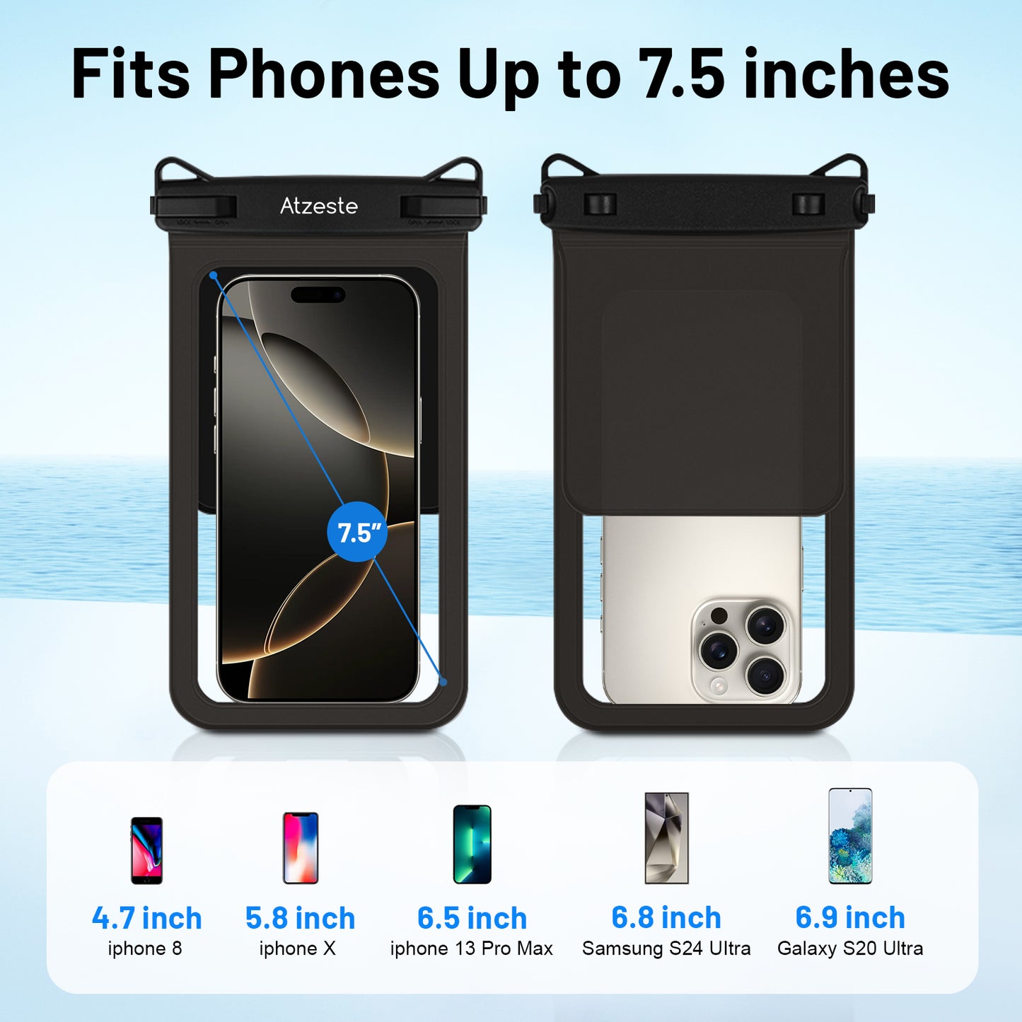 Atzeste Double Space Waterproof Phone Pouch Bag, 2 Pack Waterproof Phone Case Dry Bag for iPhone 16 15 Pro Max Galaxy S23 Pixel 7a up to 7.5‘’, for Beach Vacation Travel Cruise Essentials, Black
