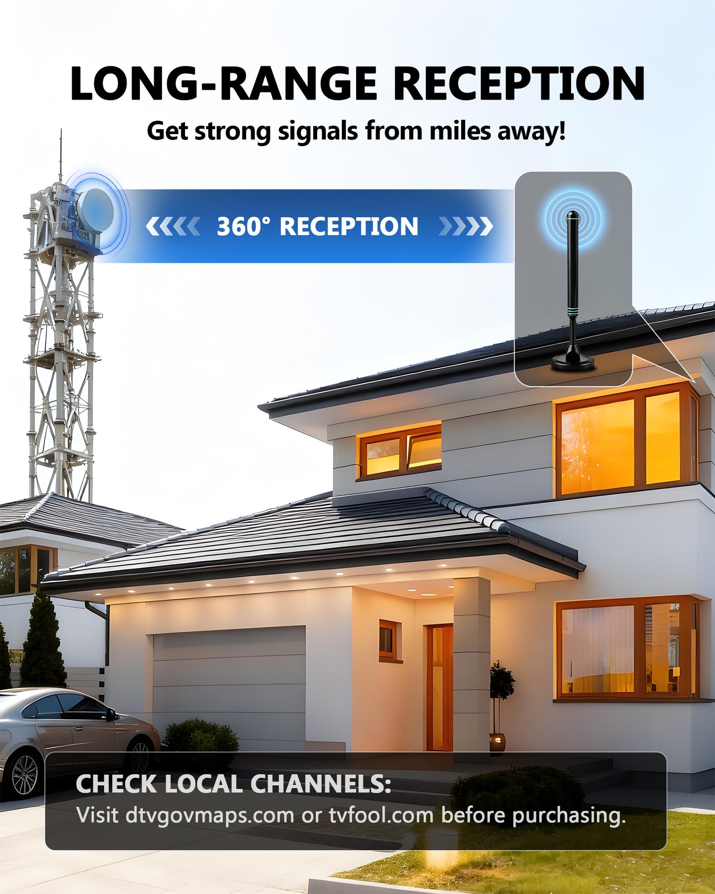 TV Antenna Indoor for Smart TV, Digital Indoor HD TV Antennas for Free Channels, with Amplifier Signal Booster, Long Range Reception Outdoor Antenna for Local Channels, Supports 4K 1080p