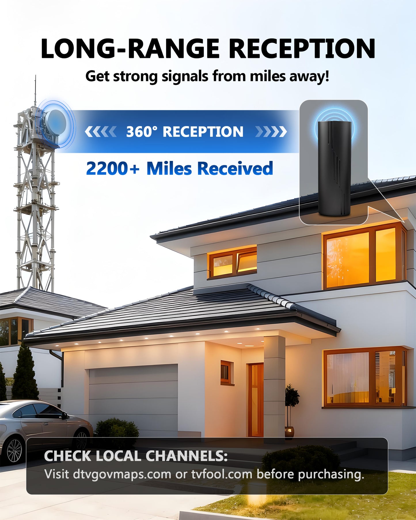 2025 Upgraded TV Antenna for Smart TV, Digital Indoor/Outdoor HD TV Antennas for Free Channels, 2200+ Miles Long Reception Range, Amplified Signal Booster, Support 4K 1080p