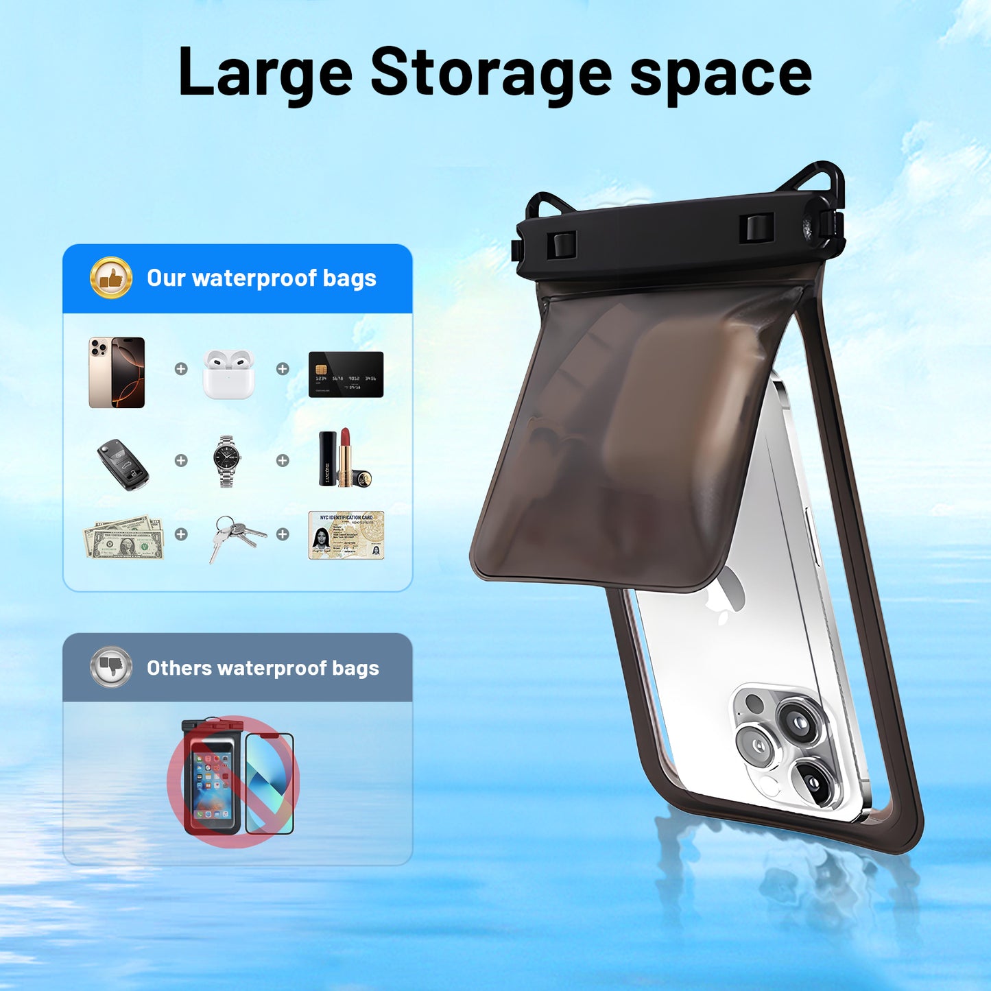 Atzeste Double Space Waterproof Phone Pouch Bag, 2 Pack Waterproof Phone Case Dry Bag for iPhone 16 15 Pro Max Galaxy S23 Pixel 7a up to 7.5‘’, for Beach Vacation Travel Cruise Essentials, Black