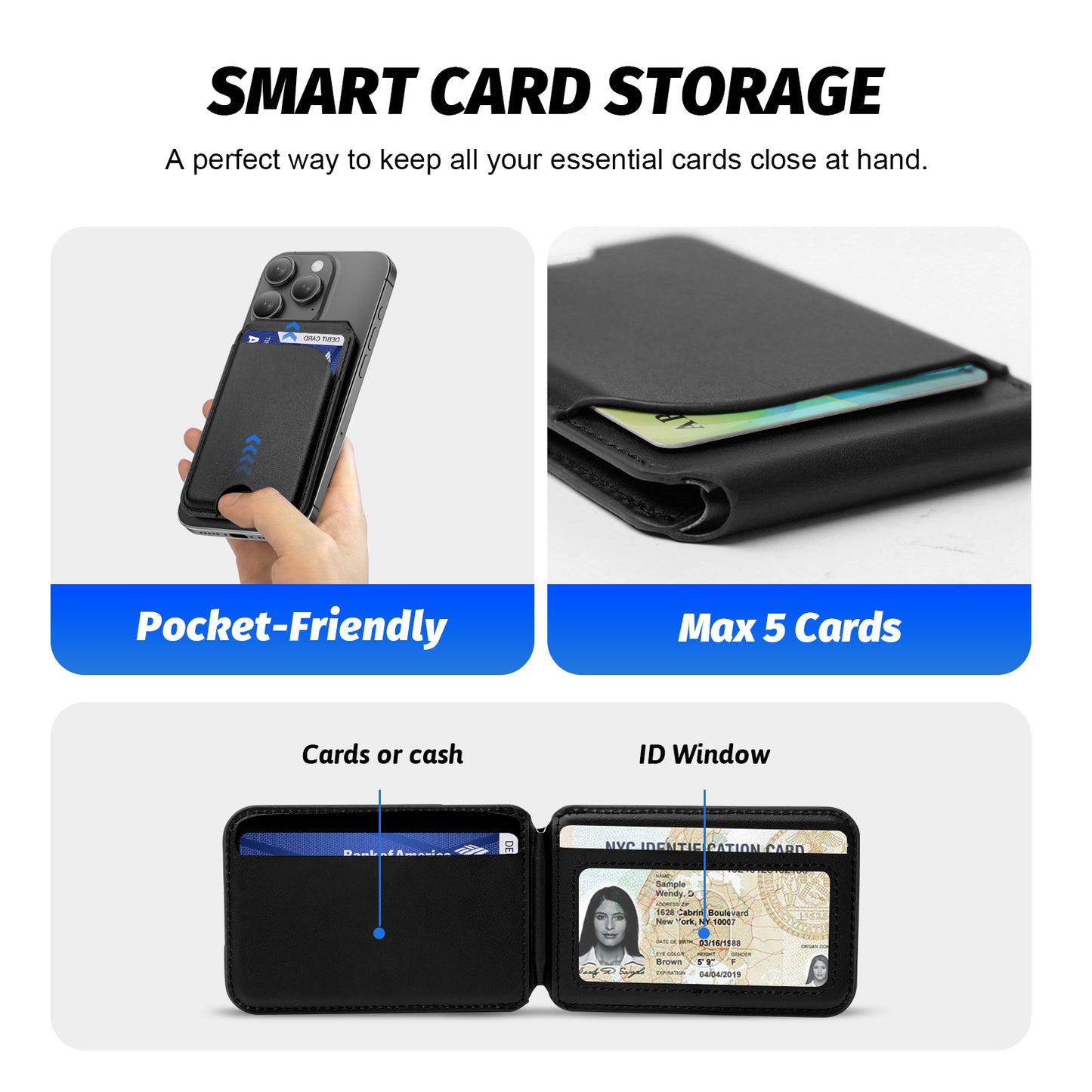 for Magsafe Wallet, 5 Card-Holder, Magnetic Wallet with Adjustable Stand, for iPhone 16/15/14/13/12 Series, Leather, Black