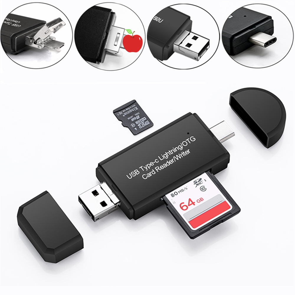 Atzeste SD Card Reader for iPhone iPad, 4-in-1 Memory Card Adapter with Lightning/USB-C/USB/Micro USB, Supports SD/TF Cards, Compatible with iOS 13+, Plug & Play, No App Required