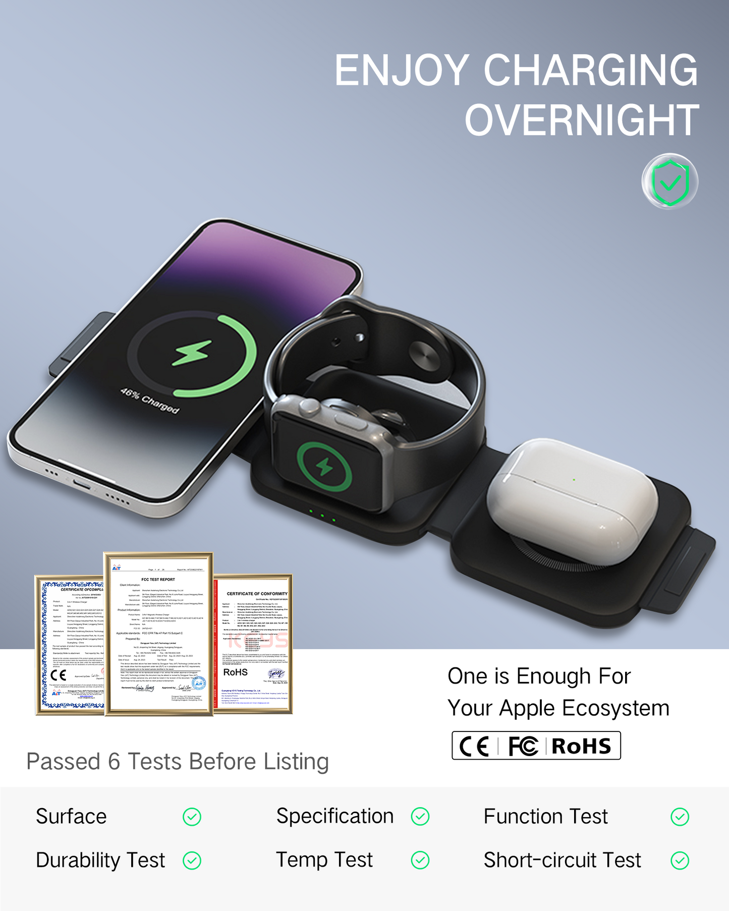 15W Magnetic Wireless Charger, Foldable MagSafe Charging Stand for iPhone, Portable Magnetic Phone Holder & Fast Charging Pad, Compatible with iPhone Models, Black