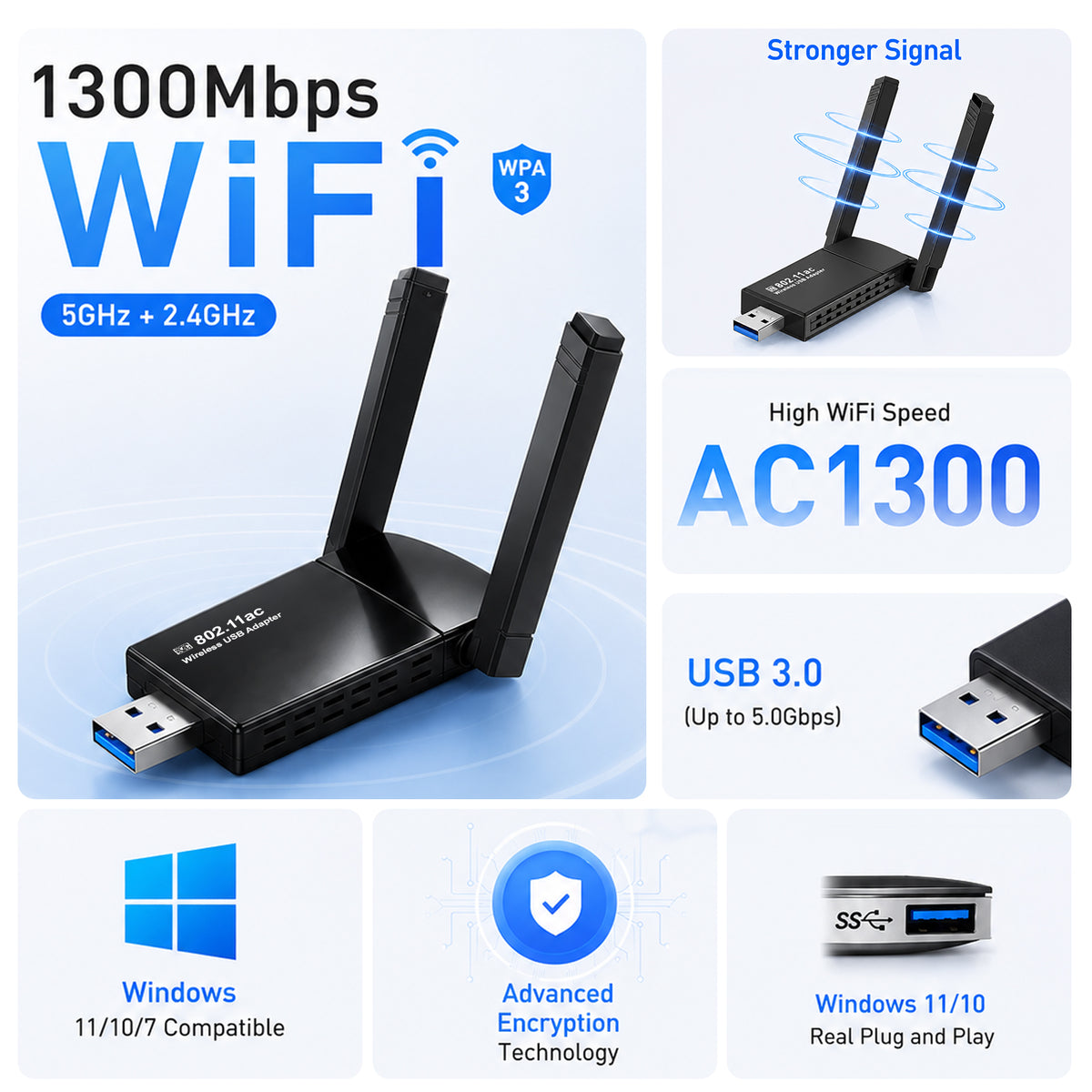 Atzeste AC1300 USB WiFi Adapter for PC, 1300Mbps Dual 5Dbi Antennas 5G/2.4G Wireless Network Adapter, MU-MIMO WiFi Dongle, for Desktop PC Laptop Windows 11/10/8.1/7/XP