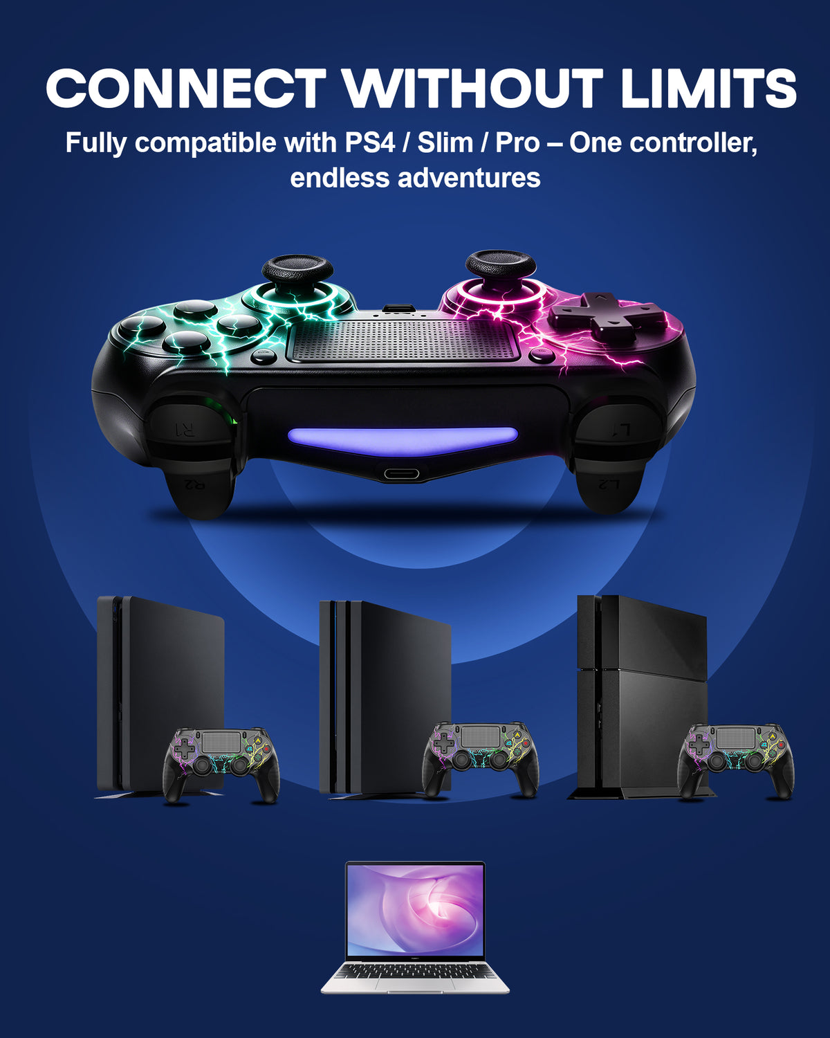 Wireless Controller for P4, Dual Vibration Joystick Gamepad for P4, RGB/6-Axis Gyro/Touchpad/Wake-Up/3.5mm Audio Jack, Work for P4/Slim/Pro, Black