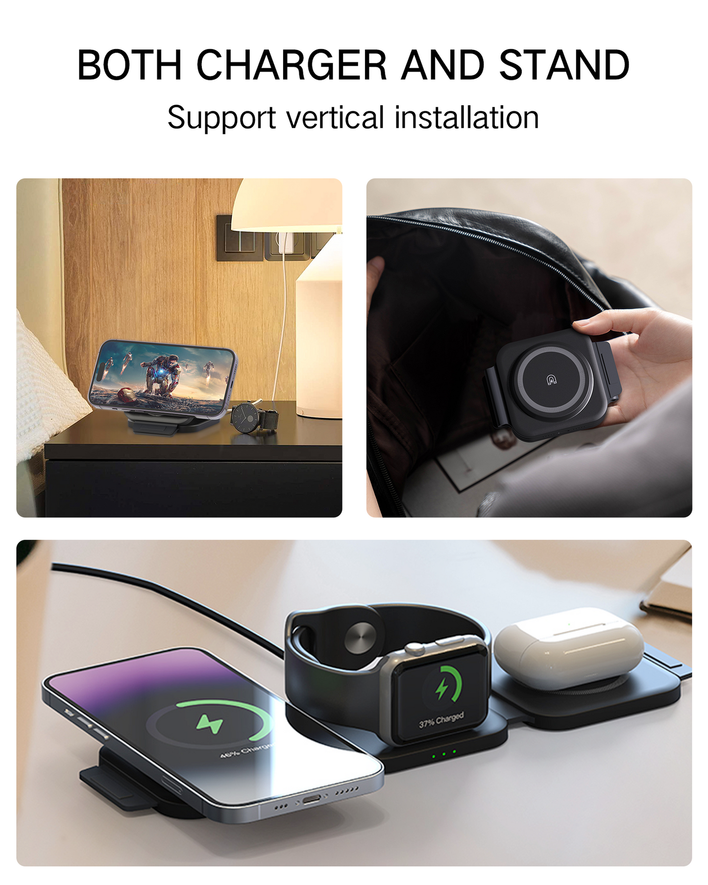 15W Magnetic Wireless Charger, Foldable MagSafe Charging Stand for iPhone, Portable Magnetic Phone Holder & Fast Charging Pad, Compatible with iPhone Models, Black