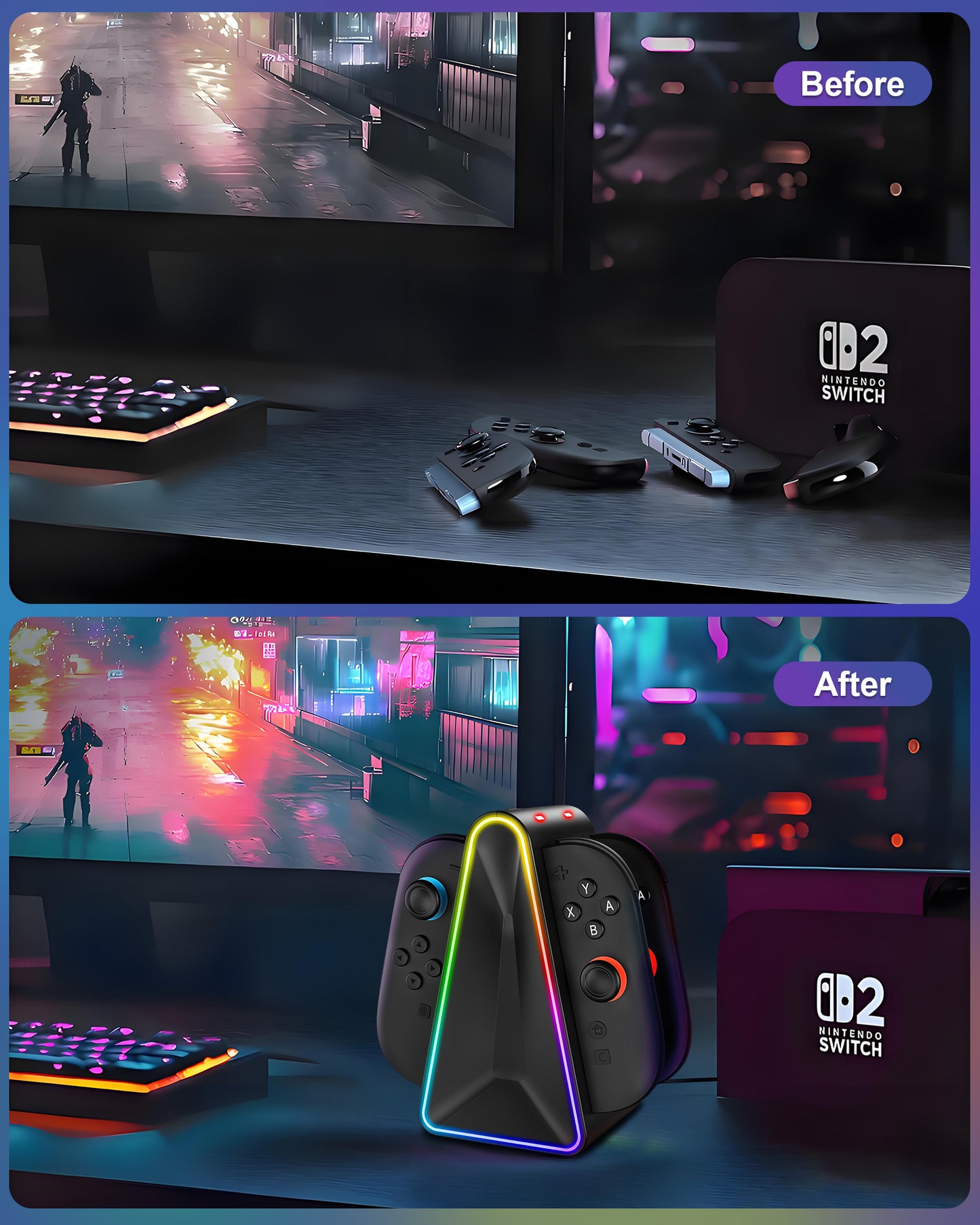 Charging Dock for 4 Joy-Cons for Nintendo Switch 2(2025), Dual-Side Magnetic Fast Controller Charger Docking Station, 9 RGB Light Modes, with Charging Cable