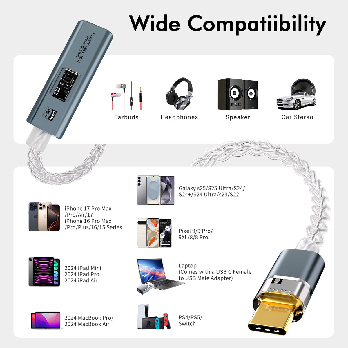 Atzeste USB C to 3.5mm Headphones Adapter, Dual Chip CX31993 MAX97220 DAC Dongle with HiFi Amplifier, 8-Strand 4N Single Crystal Copper Silver-Plated Cable, USBC to aux for All USBC Devices