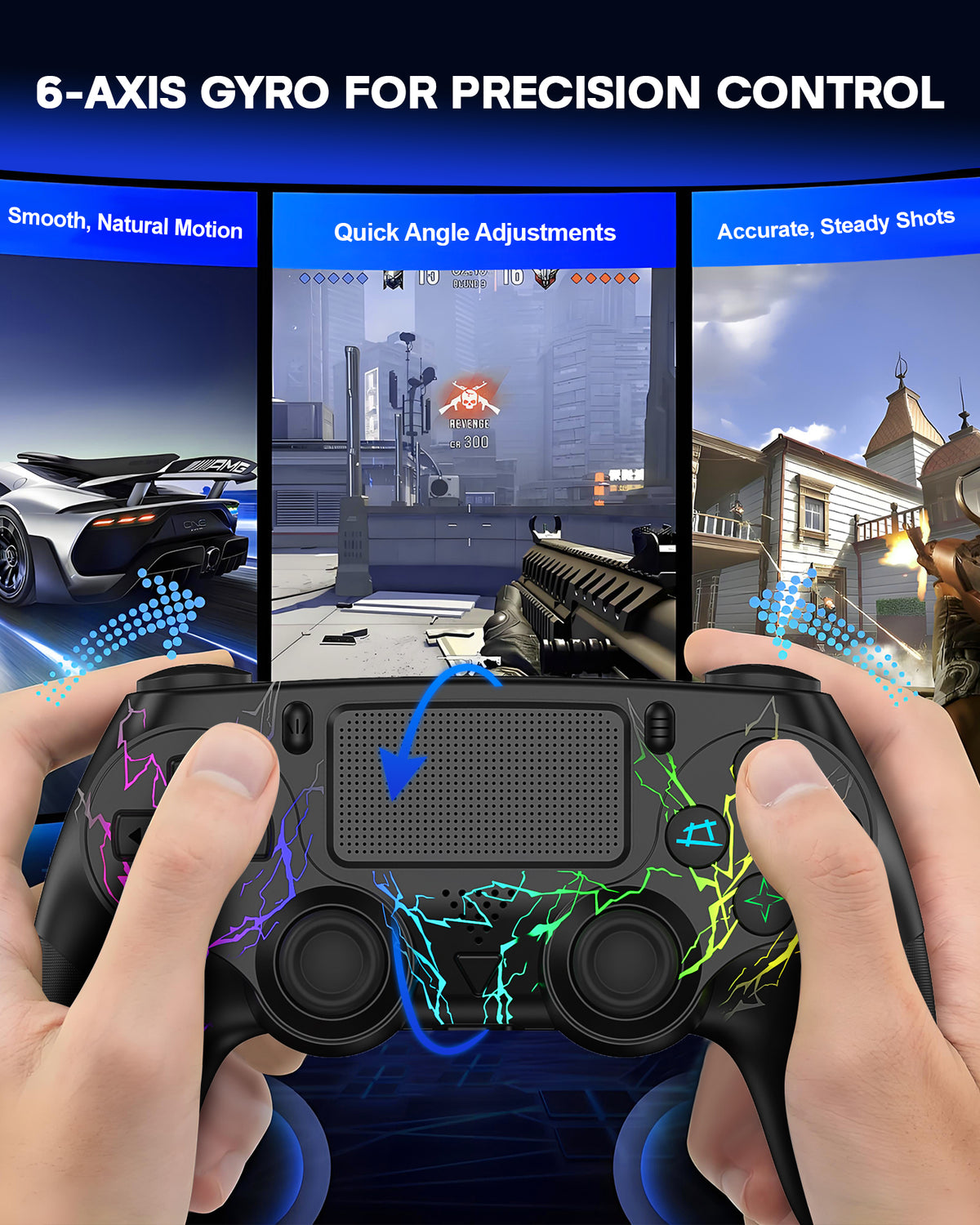 Wireless Controller for P4, Dual Vibration Joystick Gamepad for P4, RGB/6-Axis Gyro/Touchpad/Wake-Up/3.5mm Audio Jack, Work for P4/Slim/Pro, Black