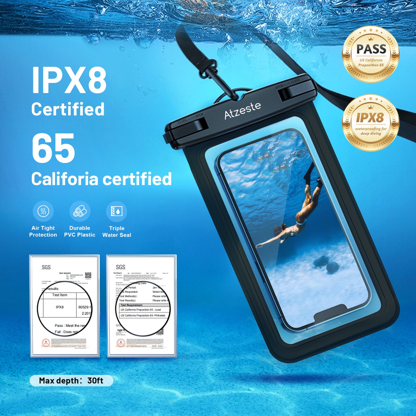 Atzeste Double Space Waterproof Phone Pouch Bag, 2 Pack Waterproof Phone Case Dry Bag for iPhone 16 15 Pro Max Galaxy S23 Pixel 7a up to 7.5‘’, for Beach Vacation Travel Cruise Essentials, Black