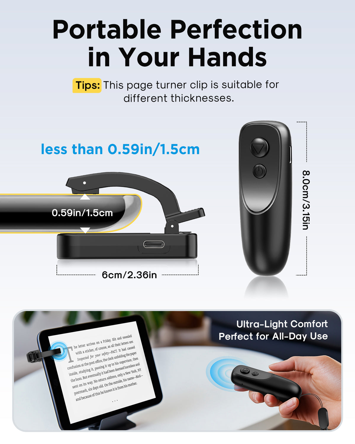Atzeste RF Remote Page Turner Remote for Kindle, Ereaders, Compatible with Kindle Paperwhite, iPhone, Android Tablets, Black
