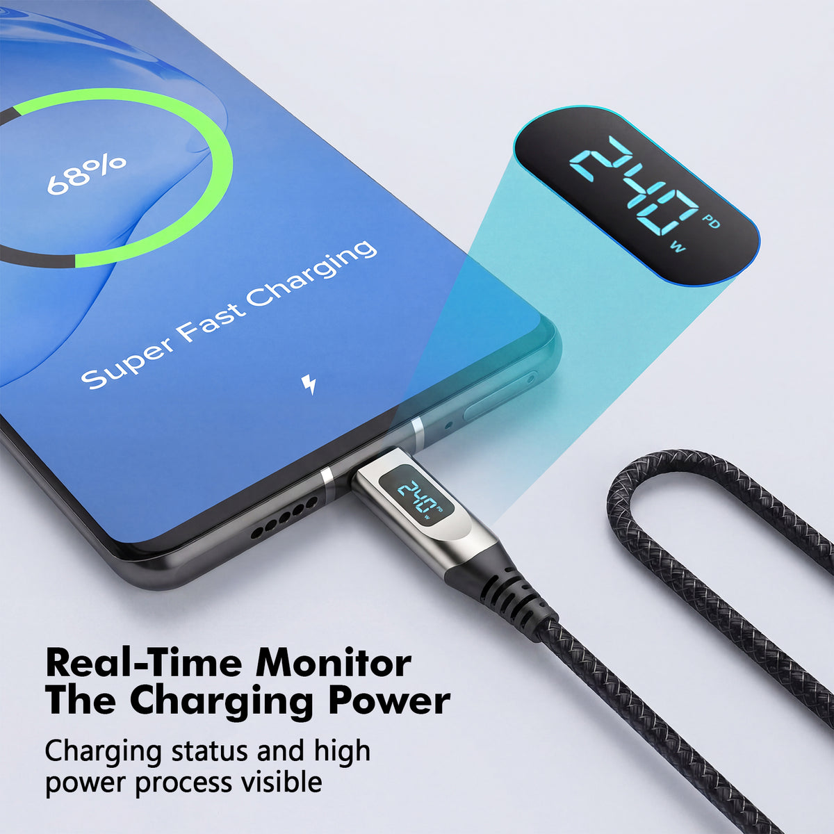 Atzeste 240W 6.56FT USB C to USB C Fast Charging Cable, Nylon Braided PD 3.1 Type-C Cable with LED Power Display, Compatible with iPhone 17/16/15 Series, MacBook Pro/Air, Samsung Galaxy S24/S23