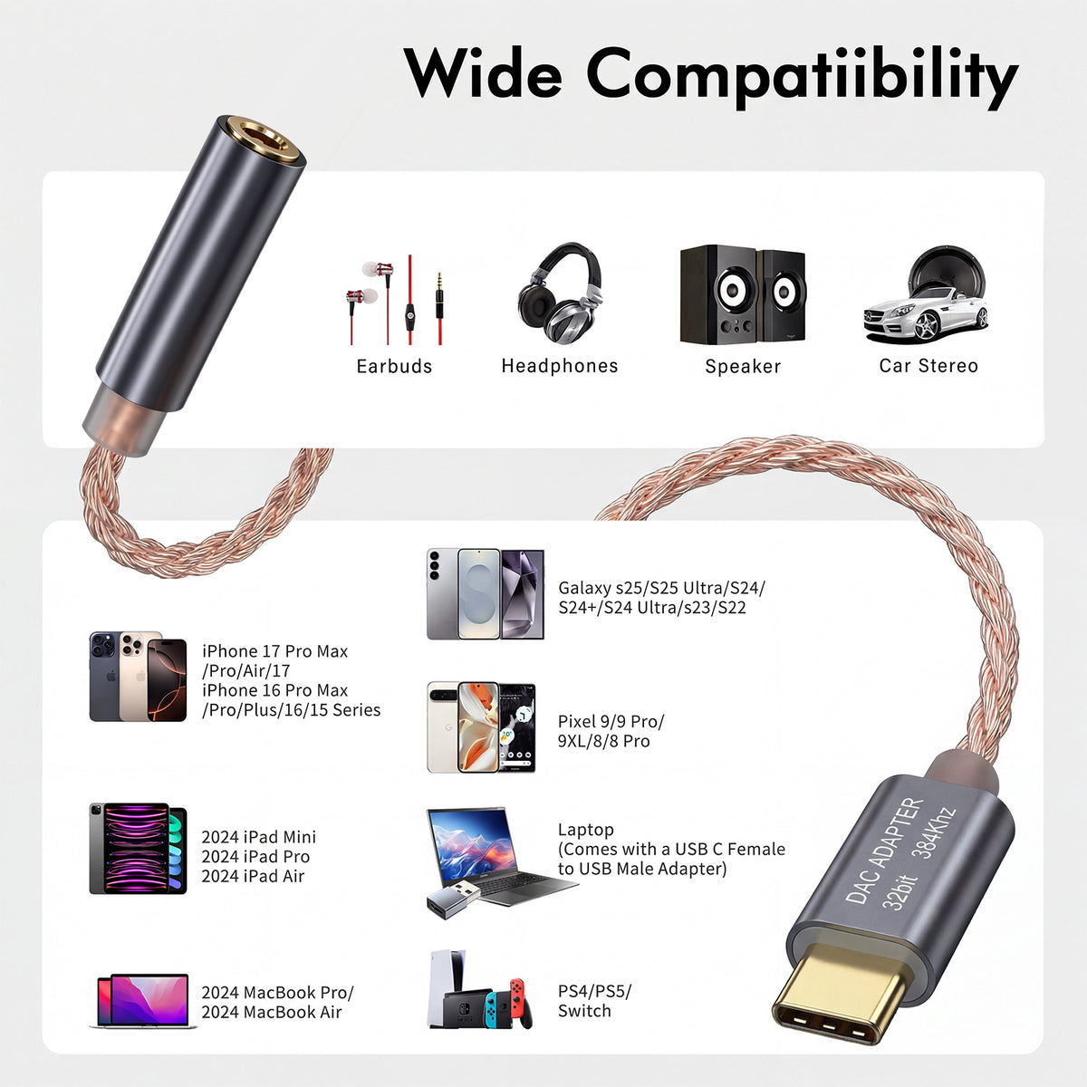 Atzeste USB C to 3.5mm Headphone Adapter, Realtek ALC5686 DAC Dongle, 32Bit/384kHz Hi-Res Audio, TRRS Mic & Volume Control, USB C to Aux Female Compatible with iPhone 16/15, iPad, MacBook, Galaxy