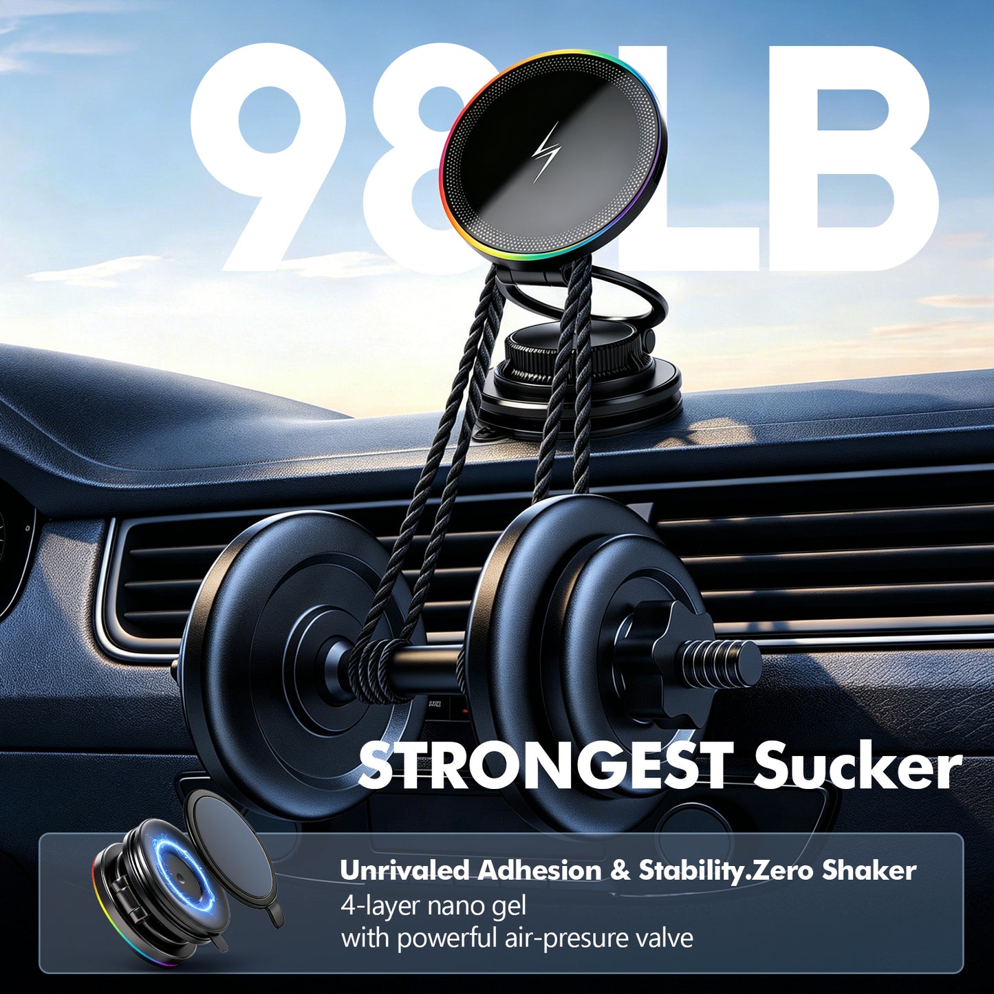 Atzeste for Magsafe Phone Holder for Car 15W Fast Wireless Charging, Magnetic RGB Car Phone Holder, 360° Adjustable Car Phone Mount Accessories, Compatible with iPhone 17 Pro Max 16 15 14 13 12