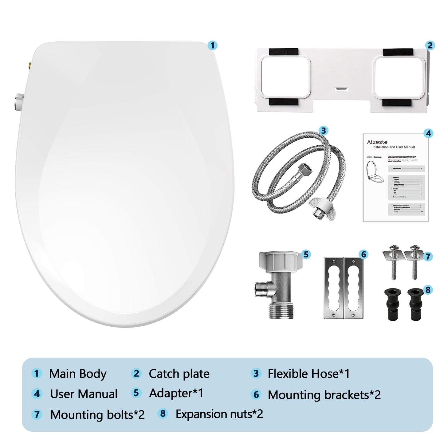 Atzeste Bidet Toilet Seat, Non-Electric Dual Nozzles Bidet Attachment, Adjustable Water Pressure Water Sprayer, Rear & Feminine Wash, Quiet-Close, Brass Inlet, Fit Elongated Toilet Seat