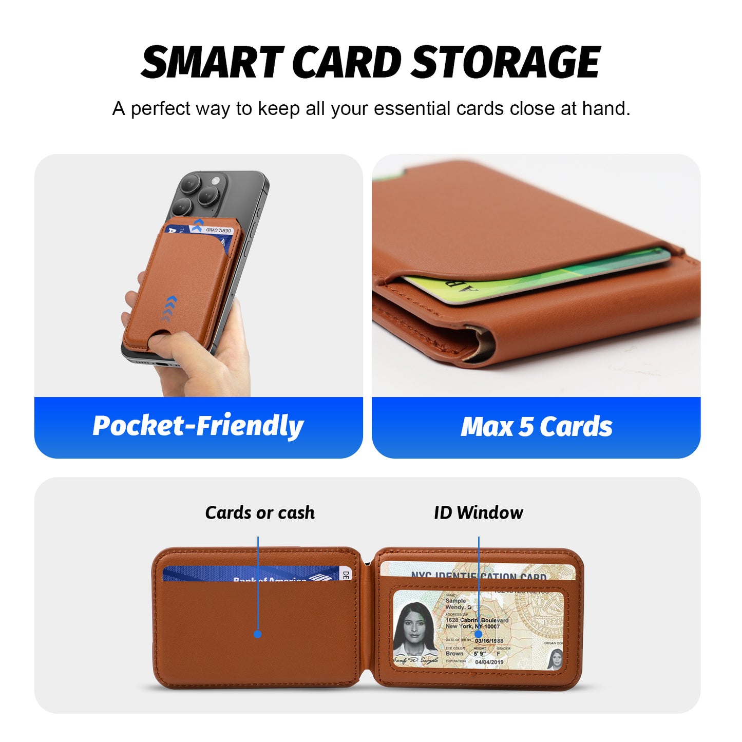 for Magsafe Wallet, 5 Card-Holder, Magnetic Wallet with Adjustable Stand, for iPhone 16/15/14/13/12 Series, Leather, Brown