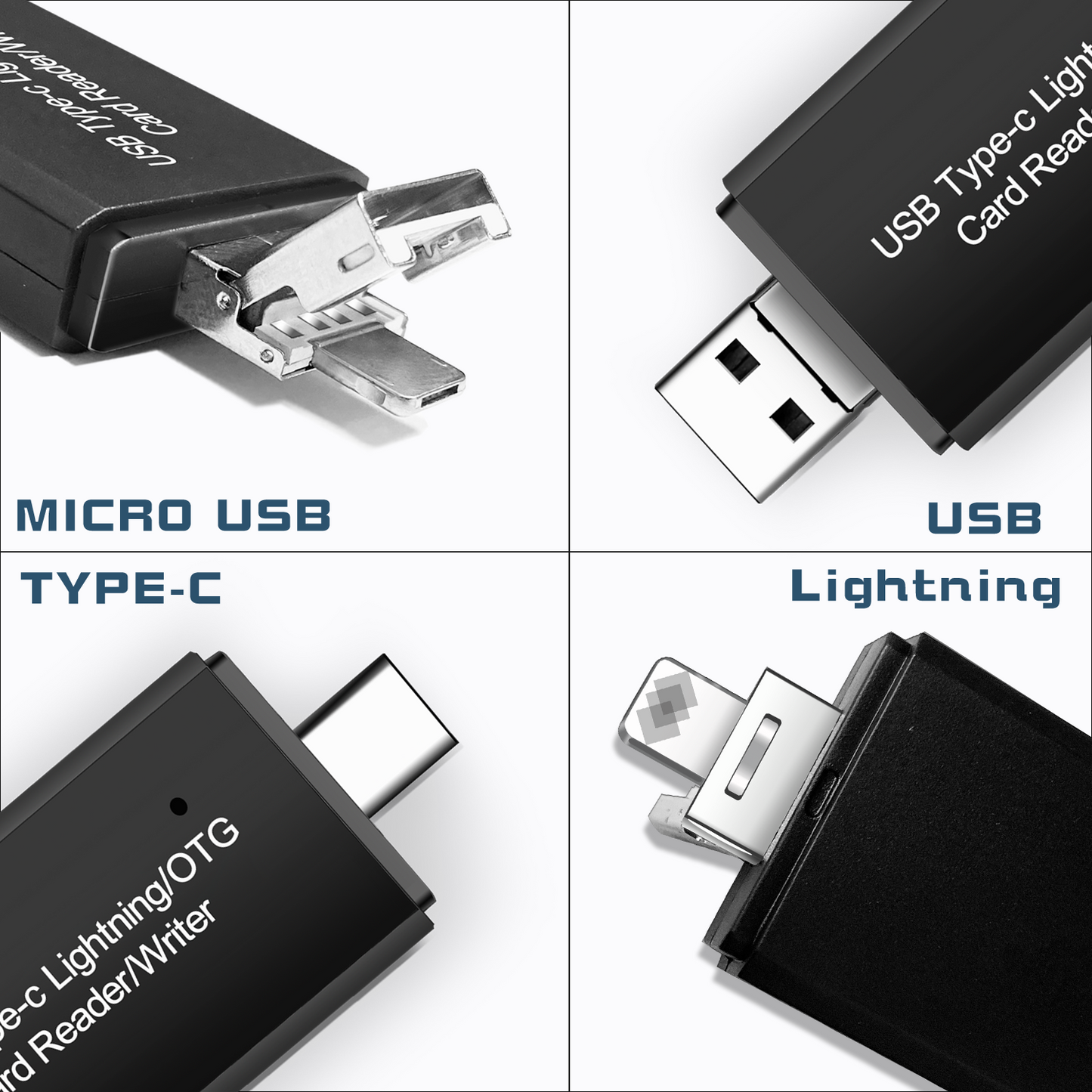 Atzeste SD Card Reader for iPhone iPad, 4-in-1 Memory Card Adapter with Lightning/USB-C/USB/Micro USB, Supports SD/TF Cards, Compatible with iOS 13+, Plug & Play, No App Required