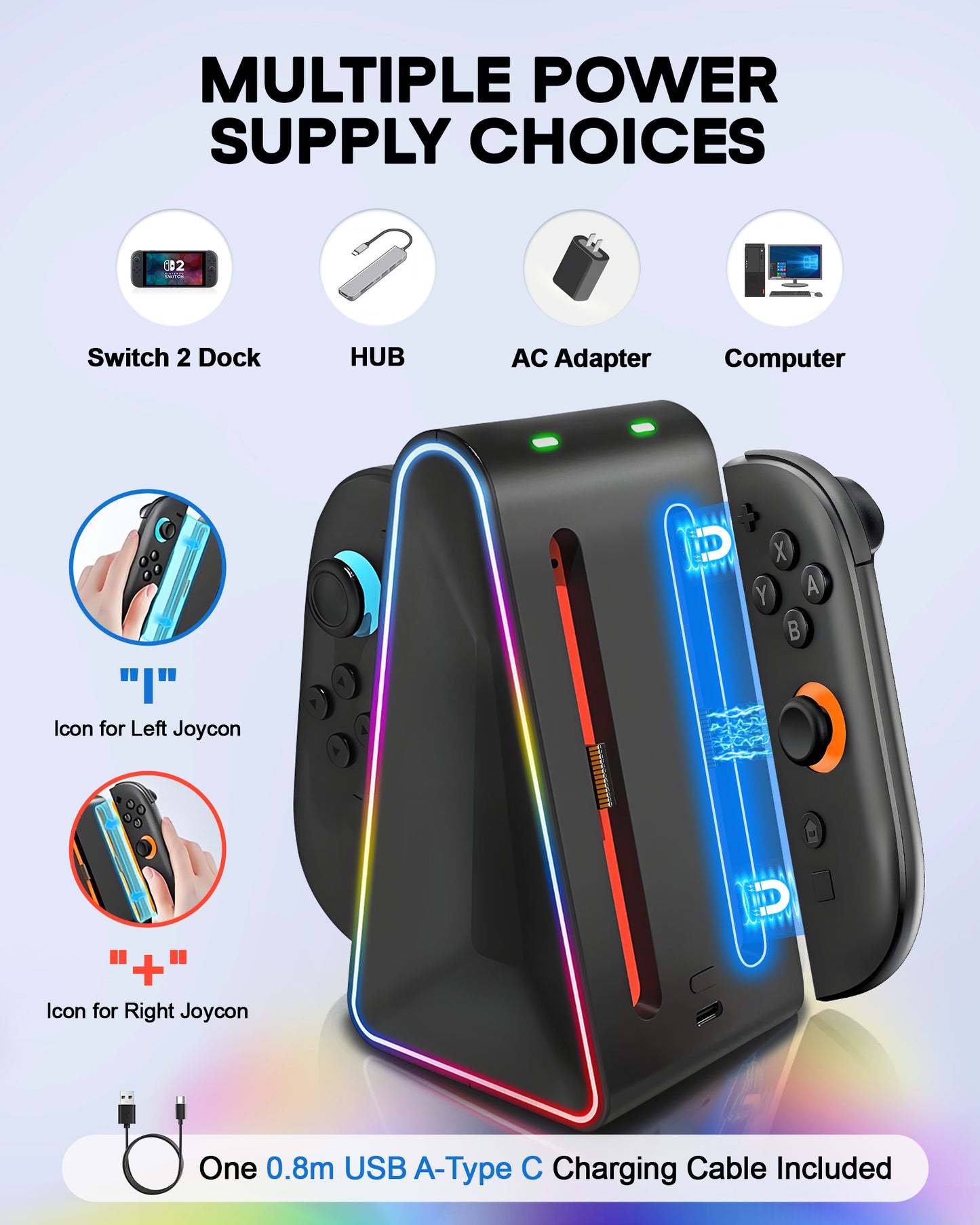 Charging Dock for 4 Joy-Cons for Nintendo Switch 2(2025), Dual-Side Magnetic Fast Controller Charger Docking Station, 9 RGB Light Modes, with Charging Cable