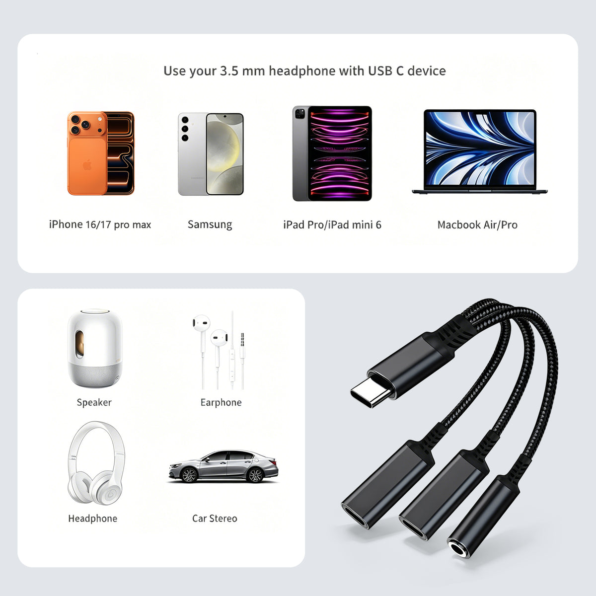 Atzeste 3-in-1 USB-C to 3.5mm Audio Adapter, 60W PD Fast Charging USB C Headphone Jack Splitter with USB-C Audio Port Compatible with iPhone 17/16/15 Series, iPad, Samsung Galaxy S24/S23 Ultra