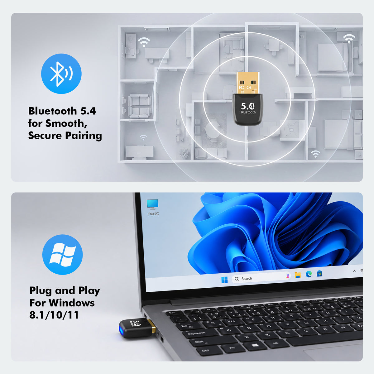 Atzeste USB Bluetooth 5.4 Adapter for PC, Bluetooth Dongle Receiver, Plug and Play, Nano Design, EDR & BLE, Supports Windows 11/10/8.1 for Desktop, Laptop, Keyboard, Mouse, etc