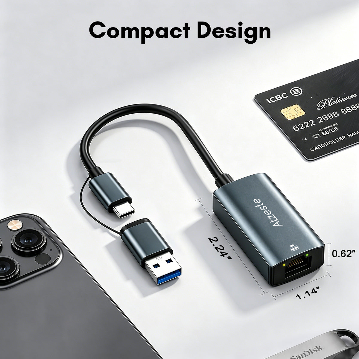 Atzeste USB 3.0 & USB C to 2.5G Ethernet Adapter, RJ45 Network Adapter up to 2500Mbps (2.5Gbps), Compatible with MacBook Pro/Air, Surface Pro, Windows 11/10/8/7, Mac OS