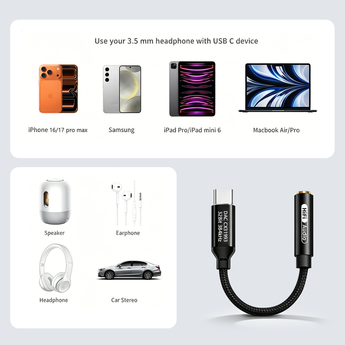 Atzeste USB C to 3.5mm Headphone Jack Audio Adapter, DAC CX31993 HiFi USB C to Aux Female Audio Dongle Compatible with iPhone 16/15 Series, iPad Pro, MacBook, Samsung Galaxy S24/S23/S22