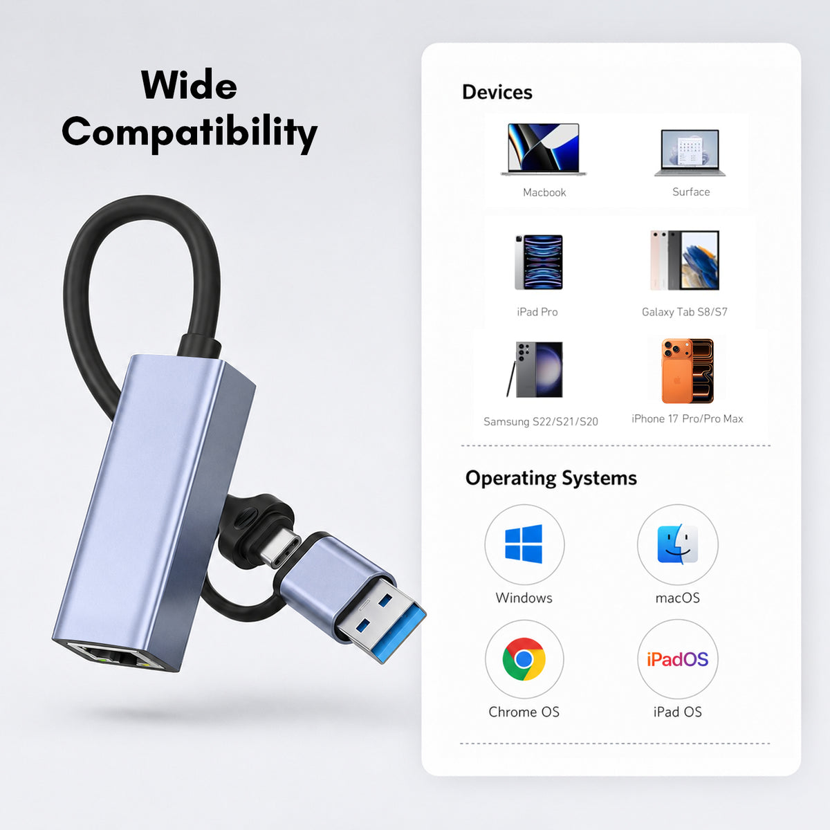 Atzeste USB 3.0/USB C to Ethernet Adapter, Gigabit RJ45 LAN 1000Mbps Network Adapter, Compatible with MacBook Pro/Air, Surface Pro, Windows 11/10/8/7, Mac OS