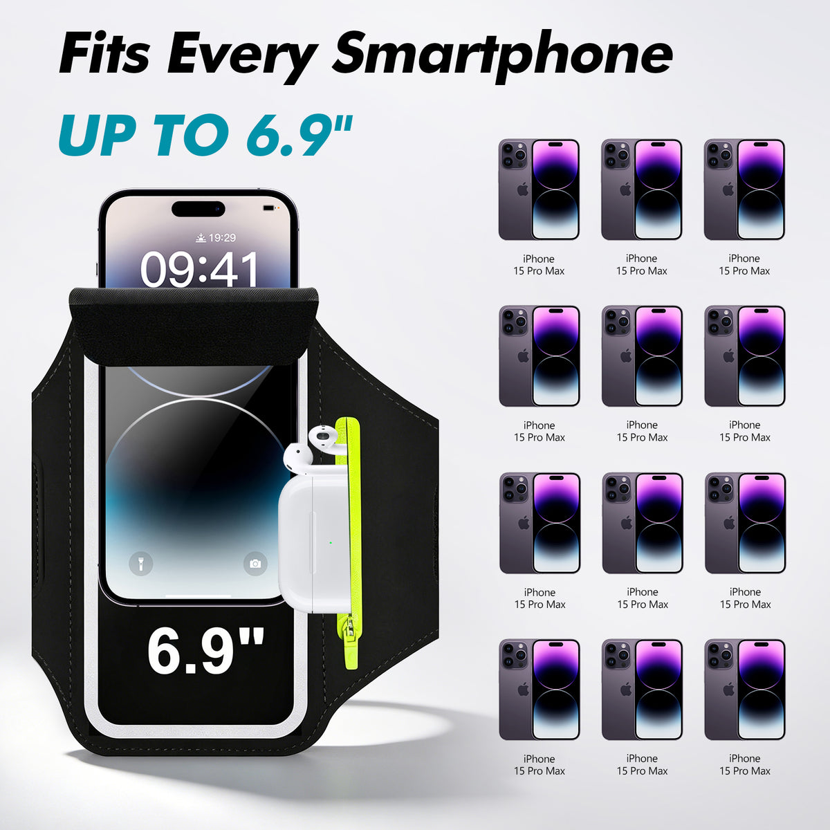 Atzeste Cell Phone Running Armband with Earphone Bag, Sweatproof Arm Band Phone Holder, Fits 6.9" Phones Compatible with iPhone 17 16 15 14 13 12 Pro Max/Plus/XR/XS, Galaxy S25-S22