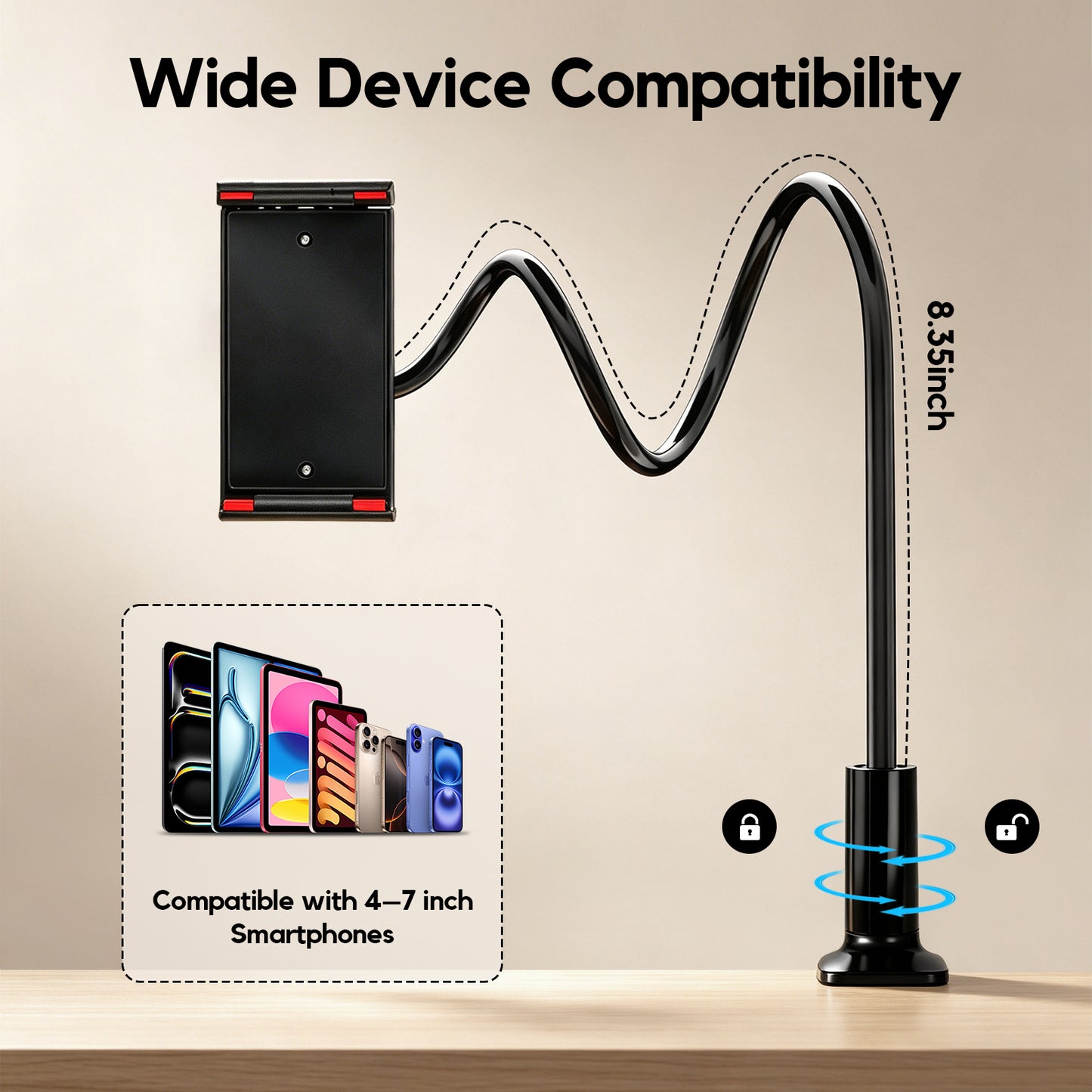 Atzeste Gooseneck Phone Holder for Bed, 39inch Lazy Phone Stand Flexible 360° Adjustable Long Arm Phone Mount for Desk/Bedroom/Kitchen, for 4.0-6.7'' Cellphone