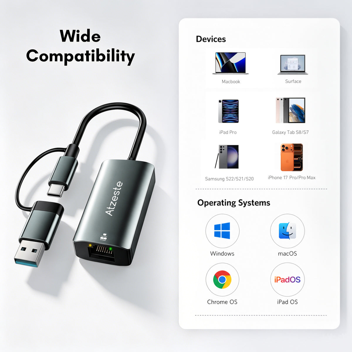 Atzeste USB 3.0 & USB C to 2.5G Ethernet Adapter, RJ45 Network Adapter up to 2500Mbps (2.5Gbps), Compatible with MacBook Pro/Air, Surface Pro, Windows 11/10/8/7, Mac OS