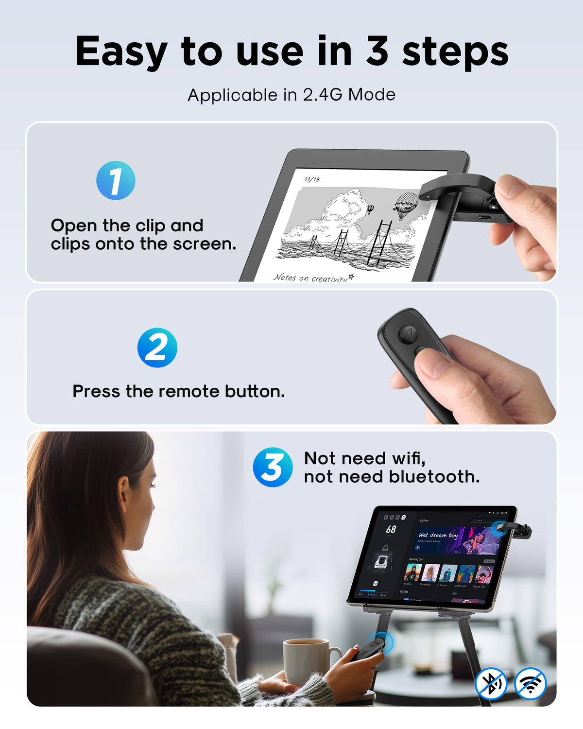 Atzeste RF Remote Page Turner Remote for Kindle, Ereaders, Compatible with Kindle Paperwhite, iPhone, Android Tablets, Black
